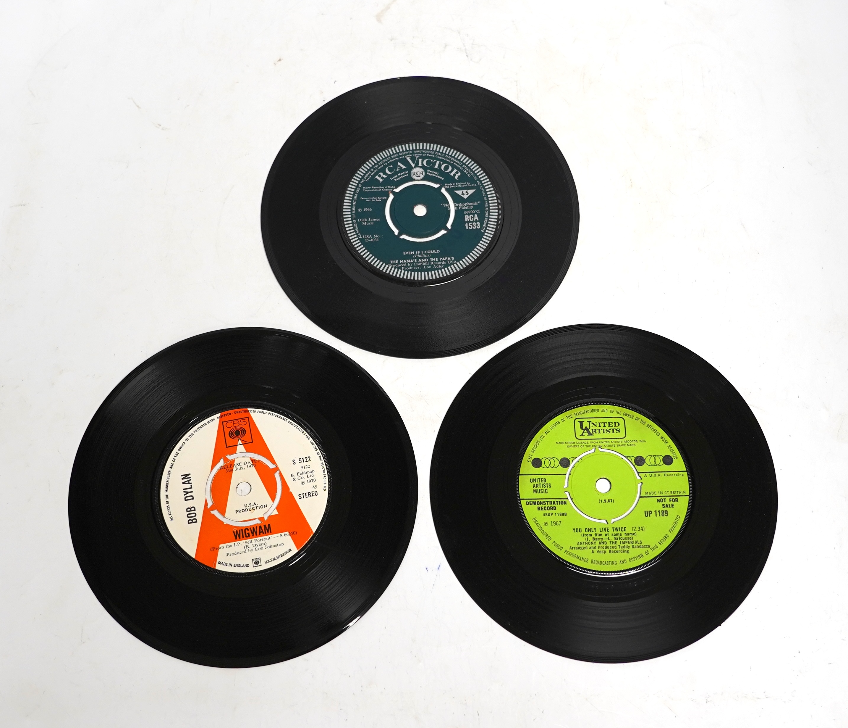 One hundred and thirty-six 7” singles, all with printed demo labels (some also with printed release date), record labels include HMV, Verve, Capitol, UA, Fontana, Elekra, London, etc. Artists include; Bob Dylan, Small Fa